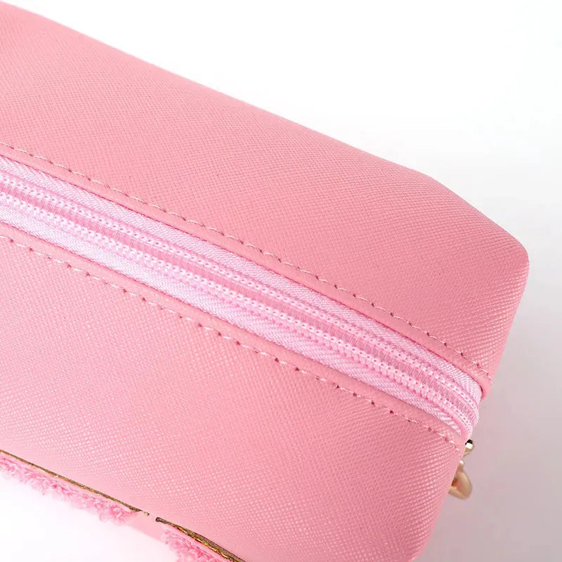 Colorful Chenille Five Letters Pu Waterproof Large Cosmetic Bag - Bellarte Enchanté Colorful Chenille Five Letters Pu Waterproof Large Cosmetic Bag